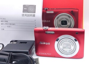 【M124】美品 Nikon COOLPIX A100 RD レッド コンパクトデジタルカメラ NIKKOR 5× WIDE バッテリー 充電器 箱付 通電動作確認済み 