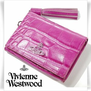 新品1円～★定価4.4万 Vivienne Westwood ヴィヴィアンウエストウッド 牛革レザー 二つ折り クロコエンボス財布 ORB タッセル ◆5645◆