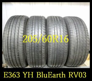 【E363】T7202174 送料無料・代引き可 店頭受取可 2022年製造 約7.5~7部山 ◆YOKOHAMA BluEarth RV03◆205/60R16◆4本