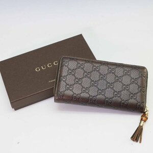 美品！GUCCI グッチ ラウンドファスナー長財布 GGシマ ブラウン レザー◆962f26