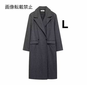 vintage ヴィンテージ レトロ ストライプ 柄 ダブル ロング チェスター コート アウター Lサイズ レディース★ZARA 好きな方に 秋新作 新品