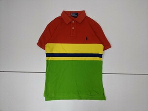 6．POLO ポロ ラルフローレン 90s ヴィンテージ RALPH LAUREN ボーダー柄 鹿の子 半袖ポロシャツ メンズM朱色黄色青緑x203