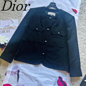 【良品】Christian Dior ノーカラージャケット ブラック 13 L クリスチャンディオール 黒 ボタン ライトアウター vintage