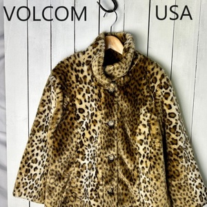 USA古着 VOLCOM レオパード柄 ふかふかファーショートコート M～L ファージャケット ヴォルコム アメリカ古着 ヒョウ柄 防寒 中綿 ●137