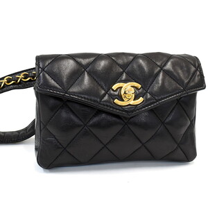 1円 ◎良品 CHANEL シャネル ウエストポーチ ボディバッグ マトラッセ ココマーク レザー ブラック◎E.Crum.hP-26