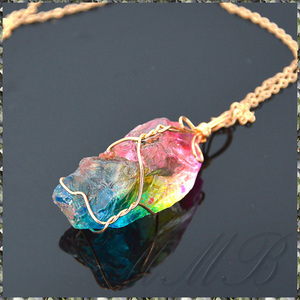 [PENDANT NECKLACE] Rainbow Stone レインボー クリスタル チャクラ ロック ペンダント ゴールド チェーン ネックレス