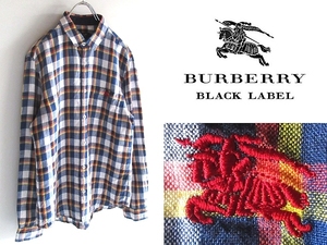 美品 希少 BURBERRY BLACK LABEL バーバリーブラックレーベル ホースロゴ刺繍 ロールアップ袖 チェック リネンシャツ 2 麻 ネコポス対応