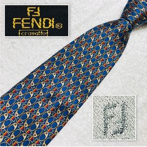 ■美品■FENDI フェンディ　ネクタイ　金具　クリップ　総柄　シルク100% イタリア製　ブルー系　ビジネス