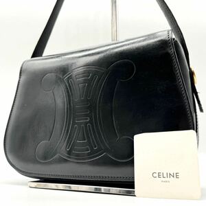 2434【超希少・美品】CELINE セリーヌ ショルダーバッグ ポシェット 斜め掛け マカダム トリオンフ 型押し フラップ レザー 本革 ブラック