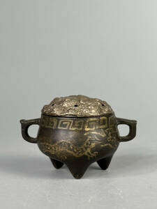 中国美術　古銅製　双耳三足宣徳香炉　純銀　蓋　正徳　款　唐物　古物　コレクター放出