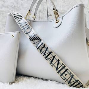 1円【極美品】EMPORIO ARMANI エンポリオアルマーニ メンズ トートバッグ 斜め掛け A4 2way ショルダー ビジネス レザー 本革 グレー