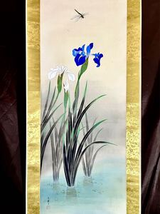 【真作】【S8】石川英鳳「菖蒲にトンボ」絹本 肉筆 花鳥図 鳥獣 絵画 掛軸 明治-昭和時代の日本画家 愛知の人 師: 西山翠嶂 菊池芳文