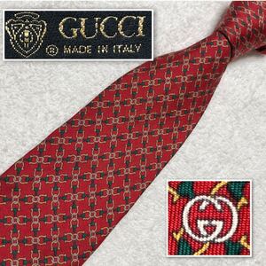 ■美品■GUCCI グッチ　ネクタイ　金具　総柄　インターロッキングG シルク100% イタリア製　レッド　ビジネス