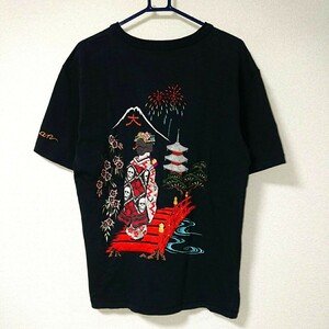 Cropped Heads クロップドヘッズ トップス シャツ 半袖 Tシャツ 黒 ブラック 赤 白 青 カラフル 和柄 舞妓 花魁 京都 大文字 橋 L 人気