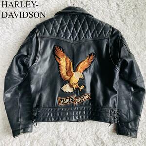 美品 HARLEY-DAVIDSON【極上の艶感】ハーレーダビッドソン レザーライダースジャケット ビッグ刺繍ロゴ キルティング 防寒 肉厚 ブラック L