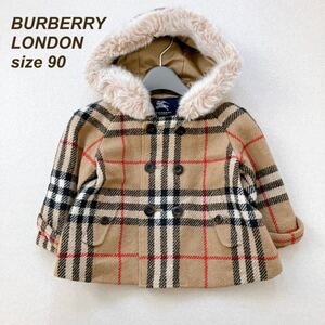 バーバリー BURBERRY コート ジャンパー ノバチェック フード付き ファー ウール 女の子 男の子 男女兼用 ユニセックス サイズ90