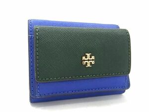 1円 ■極美品■ TORY BURCH トリーバーチ レザー 三つ折り 財布 ウォレット 札入れ 小銭入れ ブルー系×グリーン系 FC6280