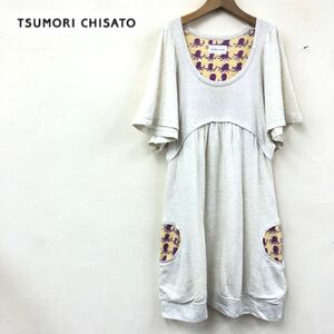 A149-J-S◆日本製 tsumori chisato ツモリチサト 半袖ワンピース◆2 切替 レディース チュニック たこ ユニーク プリント フレアスリーブ