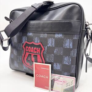 1円【超希少/美品】コーチ COACH ショルダーバッグ 斜め掛け クロスボディ ワッペン メンズ レザー シボ革 ブラック ロゴ型押し チャールズ