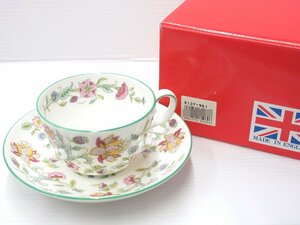 ●ミントン ハドンホール ボーンチャイナ MINTON HADDON HALL BONE CHINA カップ＆ソーサー グリーン×ホワイト系 花柄 洋食器 箱付(赤)●