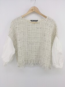 ◇ ZARA ツイード調 異素材 七分袖 ブラウス カットソー サイズEUR L USA L MEX 30 オフホワイト ブラック系 レディース P