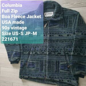 Columbiaコロンビア■極美品 1990s vintage USA製 総柄 フルジップ アステカ シェルパジャケット S 日本M フリース ボア 幾何学的模様