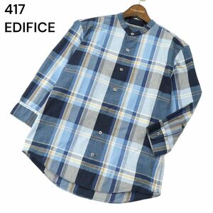 21SS★ 417 EDIFICE エディフィス 春夏 麻 リネン混★ インディゴ バンドカラー 7分袖 チェック シャツ Sz.S　メンズ　A4T03775_4#A