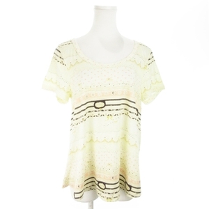 フランシュリッペ franche lippee Tシャツ カットソー ラウンドネック 半袖 ストレッチ ドット 花柄 リボン 総柄 M ベージュ /AO17