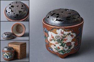 k323【和み】茶道具　時代　古九谷色絵窓抜草花・山水・人物図香炉　銀火屋　検 茶道具煎茶道具中国古玩台湾煎茶民藝美術品李朝高麗新羅清