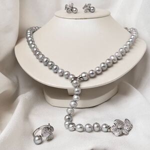 豪華本真珠4点セット9mmパールネックレス　パールピアス真珠ブレスレット　リング　本真珠ネックレス42cm necklace コバルト　