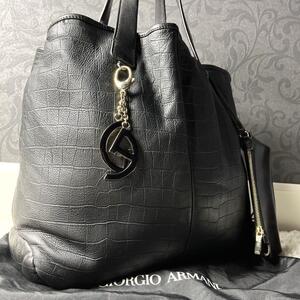 現行〇極美品〇GIORGIO ARMANI ジョルジオアルマーニ トートバッグメンズ クロコ型押し ボア 黒 A4可 ビジネス ブラック 黒 肩掛け 大容量