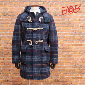 秋冬/BOB/52サイズ/ダッフルコート ウール混スライバーニット ボンディング チェック イタリア製 レトロ 新品/紺/ネイビー/jb305/