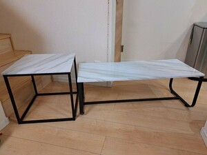 センターテーブル　サイドテーブル　ローテーブル　大理石風　２セット　アイアン脚