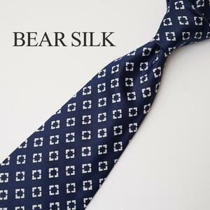 8032 BEAR SILK スクエア柄 シンプル ビジネスネクタイ ネイビー シルク T-68