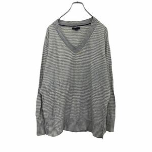 TOMMY HILFIGER Vネックニット レディース L グレー ホワイト トミーヒルフィガー ボーダー柄 古着卸 アメリカ仕入 t2202-4132