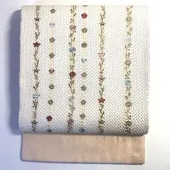 4k1083 名古屋帯　絹　絞り　蘇州刺繍　白　ベージュ　金色　赤　青　緑　花柄