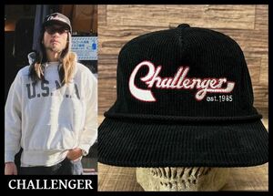 ■ 希少 CHALLENGER チャレンジャー VERSITY CORDUROY CAP ロゴ 刺繍 スナップバック バーシティ 太畝 コーデュロイ キャップ 帽子 黒 F