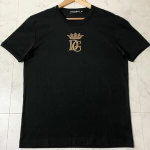 極美品/Lサイズ●ドルチェ&ガッバーナ DOLCE&GABBANA 半袖 Tシャツ クラウンロゴ刺繍 王冠 クルーネック サイズ48 ブラック 黒 メンズ