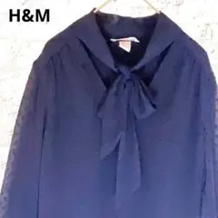 H&M 長袖ブラウス　ドット　透け感　ネイビー