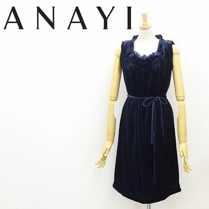 美品◆ANAYI アナイ ベロア ギャザー タック ノースリーブ ワンピース 紺 ネイビー 36