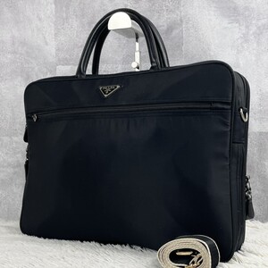 極美品 PRADA プラダ 2way ハンド トート ボストン ショルダーバッグ ビジネス ナイロン レザー 三角プレート ステッチ 型押し 大容量 旅行