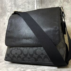 美品/希少 ●COACH コーチ メンズ ショルダーバッグ メッセンジャー サコッシュ ボディ ビジネス レザー 本革 黒 ブラック 斜め掛け ロゴ