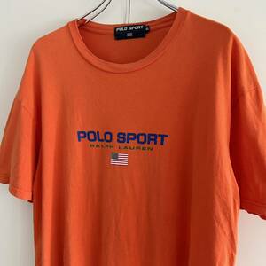 90s POLO SPORTポロスポーツ ラルフローレン ロゴTシャツ LL センターロゴ オレンジ 古着 大きいサイズ 正規品