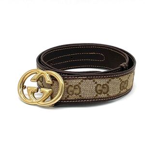 1円 良品 GUCCI オールドグッチ GGキャンバス レザー ベルト ブラウン インターロッキングG ゴールド金具