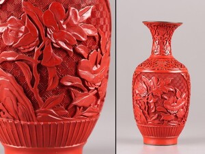 中国古玩 唐物 堆朱 花瓶 細密細工 時代物 極上品 初だし品 C7778