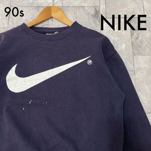 90s NIKE ナイキ 銀タグ スウェット トレーナー 長袖 ビッグプリントロゴ ヴィンテージ ネイビー 裏起毛 玉FL3173