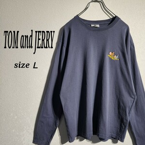 TOM and JERRY トムとジェリー 長袖Tシャツ ロンＴ カットソー 刺繍ロゴ 背面プリント くすみカラー