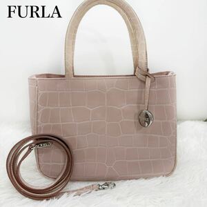 美品！FURLA フルラ　クロコ型押し　2wayハンドバッグ　ショルダーバッグ　トートバッグ