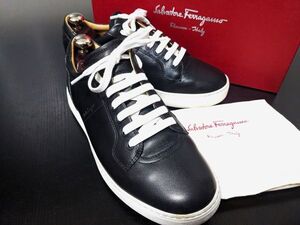 使用少 フェラガモ 7.5EEE Ferragamo 最上位ライン トラメッザ レザースニーカー 黒 9727