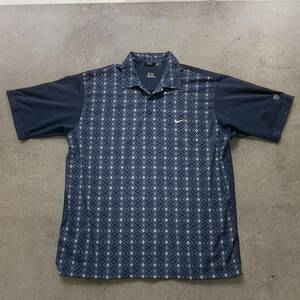 ナイキ　NIKE　タイガーウッズ　ゴルフウェア　ポロシャツ　ネイビー　幾何学模様　半袖　メンズ　XL